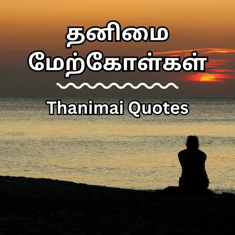 A person sitting on a beach during sunset with the textthanimai quotes in tamil and English.