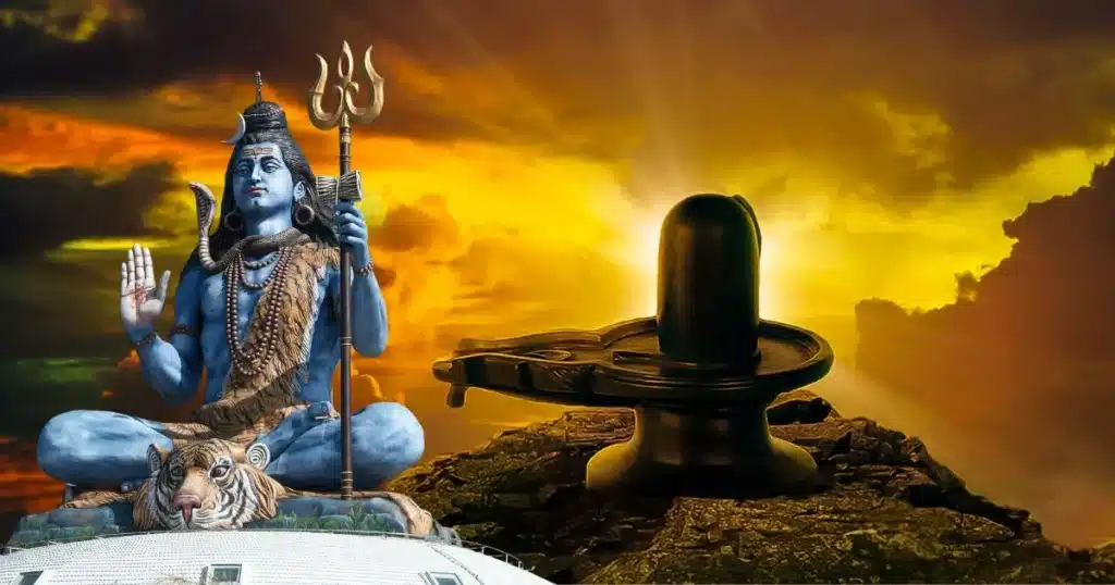 lord shiva quotes in tamil A composite image featuring a statue of Lord Shiva along with a Shiva Lingam, set against a dramatic sunset sky.