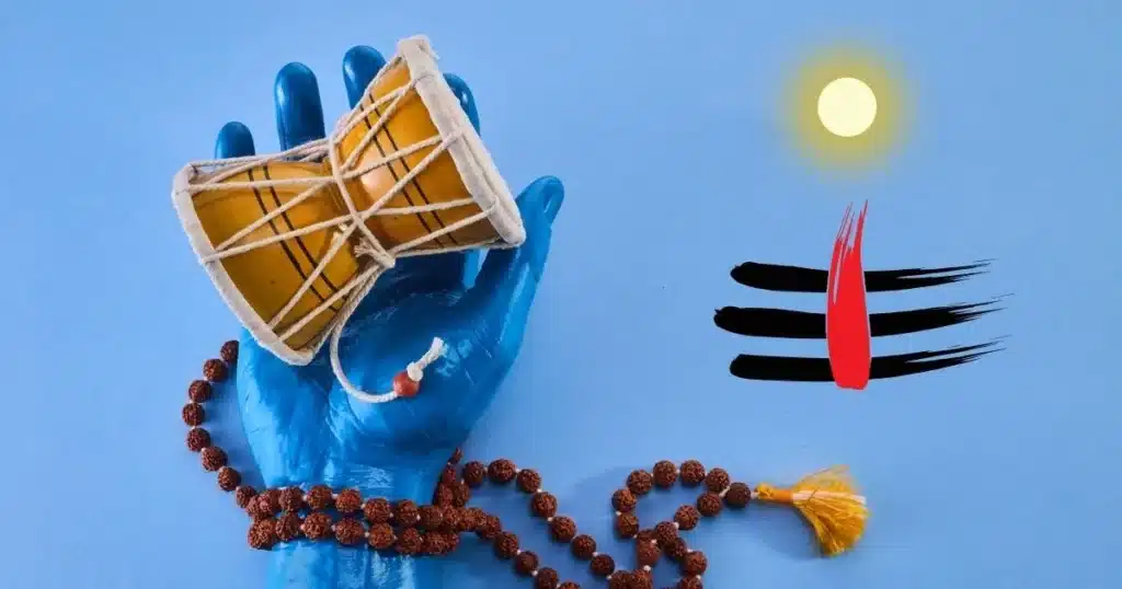 lord shiva quotes in tamil A blue hand holding a traditional drum (edakka), accompanied by symbolic red and black markings, with a sun icon in the corner.