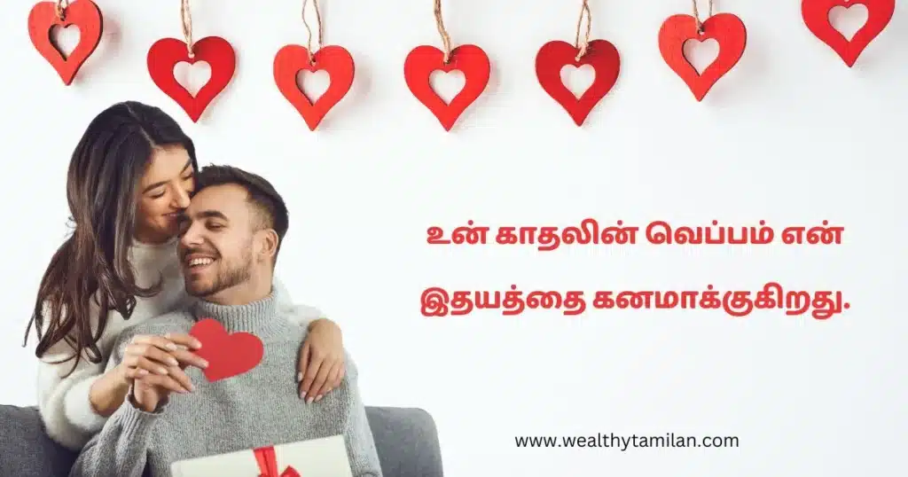 valentine's day wishes in tamil A romantic image with a couple embracing, overlaid with a Tamil love quote and website address. (This is the same as the previous response because the image is the same.)