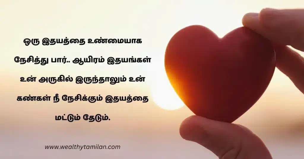Love quotes in Tamil "Truly love one heart. Even if a thousand hearts are near you, your eyes will only search for the heart you love." Image of a hand holding a heart.